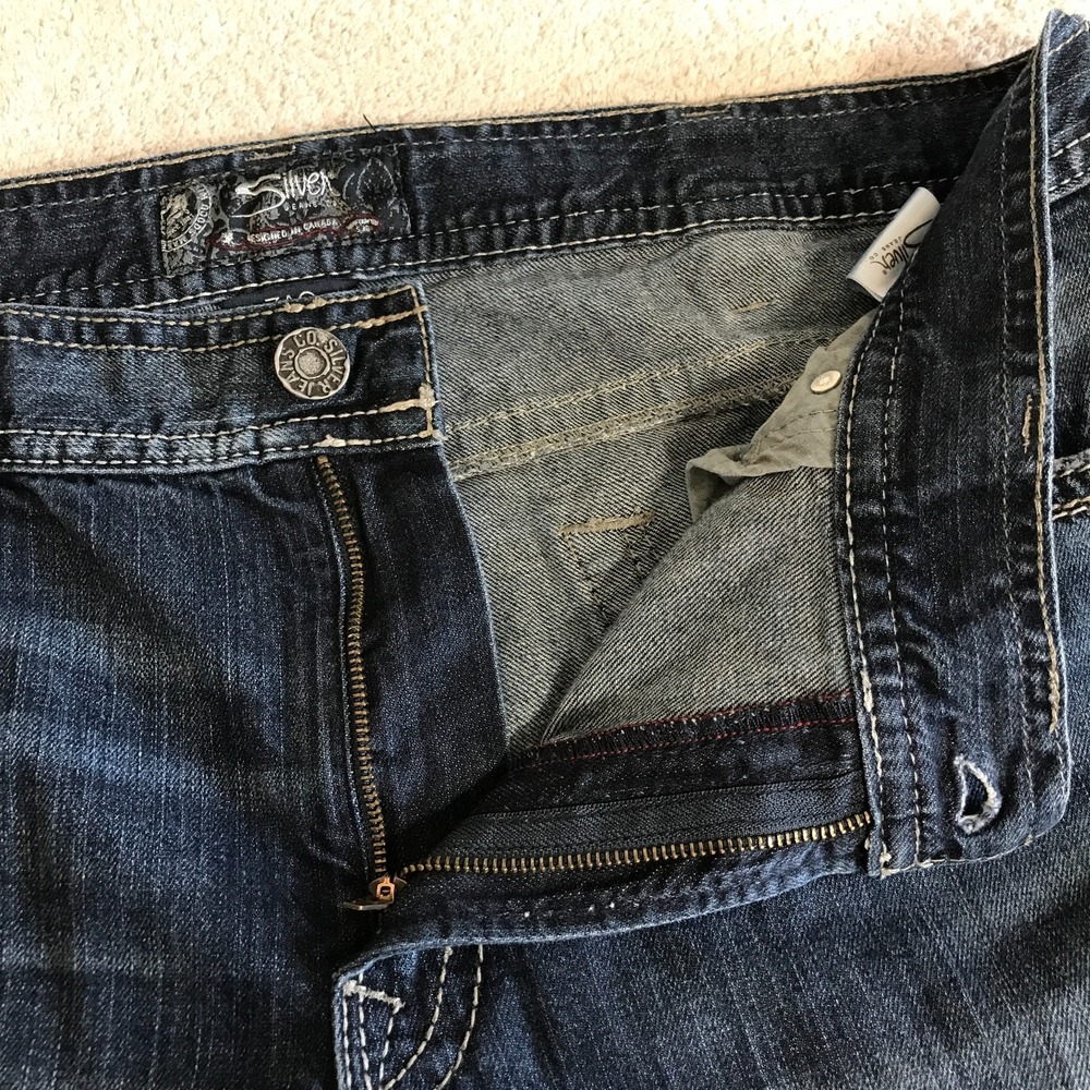 Silver Jeans Mens 42x32 (42x29) Zac Relaxed Straight Leg Stretch Blue Dark Denim - Picture 9 of 16